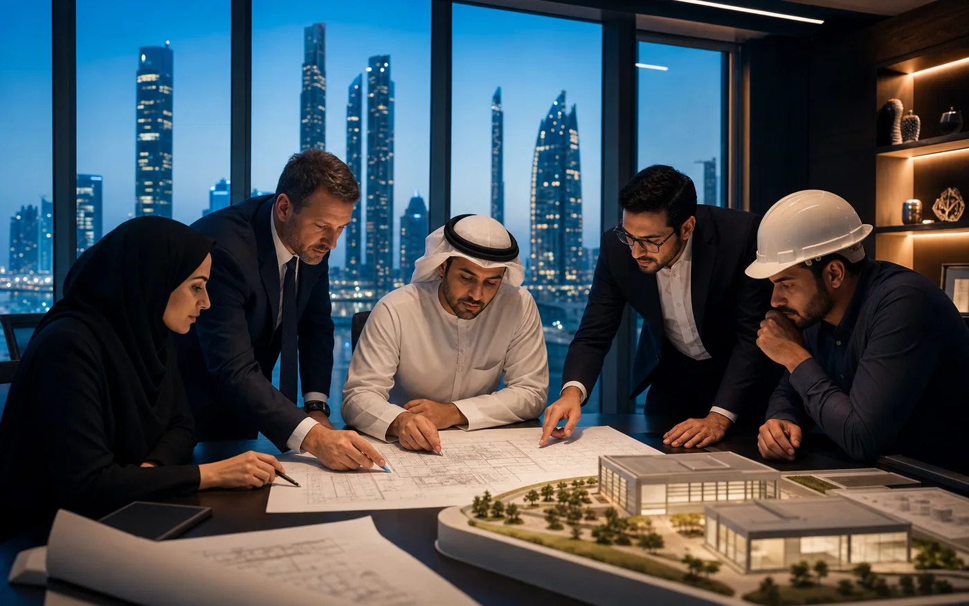 Business and engineering leaders collaborating on UAE project plans